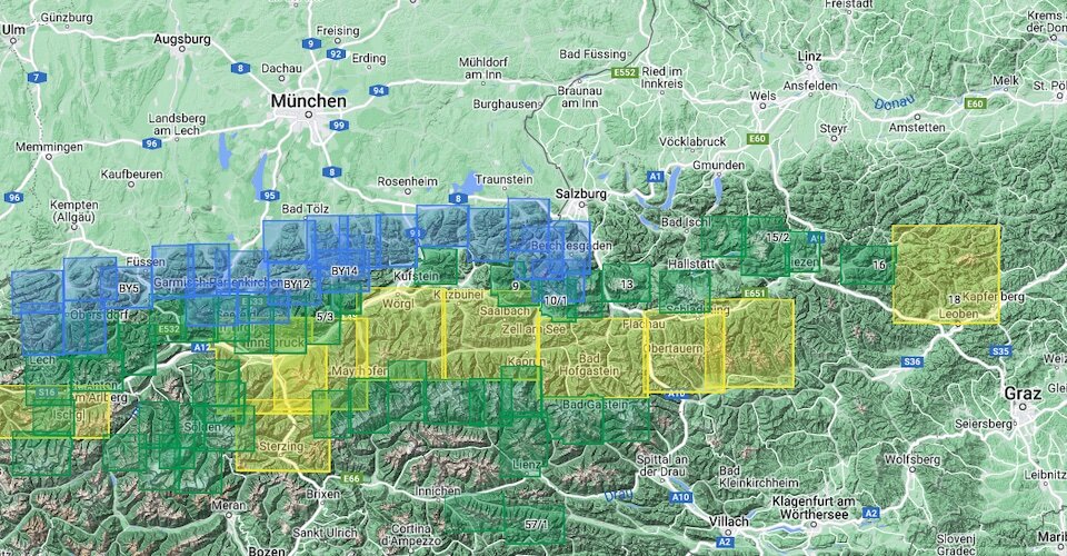 Alpenvereinskarten der Ostalpen | © Google Maps Visualisierung in Google Maps | © Google Maps