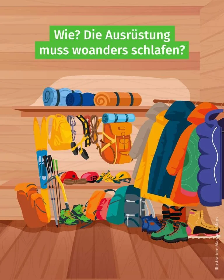 Comicbild eines Ausrüstungsraums mit Wanderkleidung und Ausrüstungsgegenständen | © DAV/Marmota Maps